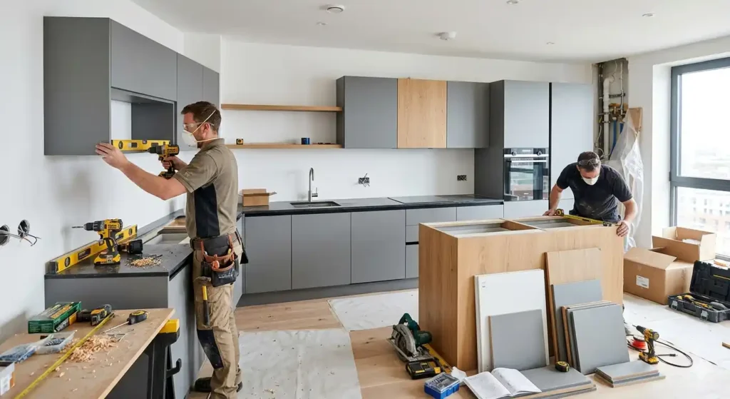 تصميم مطبخ مودرن تفصيل بلون رمادي وخشبي