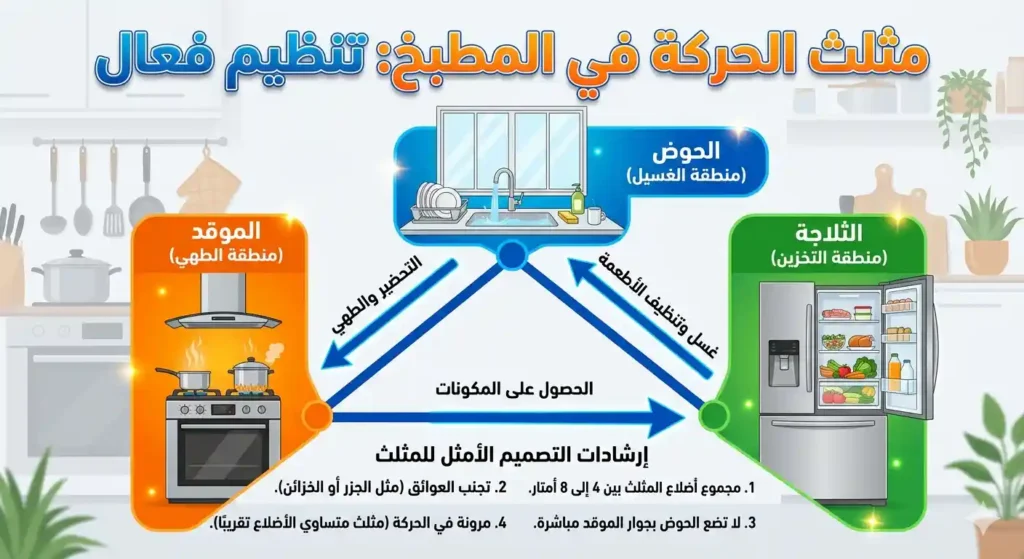 مخطط توضيحي لمثلث الحركة بين الثلاجة والحوض والبوتاجاز